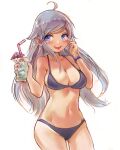  1girl ahoge ass_visible_through_thighs bangs bare_shoulders bikini blue_eyes blush breasts cocktail_umbrella collarbone commentary cowboy_shot cup drinking_straw eyebrows_visible_through_hair hair_flaps hands_up highres holding holding_cup imouto_sae_ireba_ii kani_nayuta large_breasts long_hair looking_at_viewer nail_polish navel open_mouth orobou pink_nails round_teeth silver_hair simple_background swept_bangs swimsuit teeth upper_teeth white_background wristband 