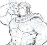  1boy abs arm_hair bara bare_pecs chest_hair facial_hair greyscale hairy hand_on_hip harada_(basashi) horns houzouin_oniwaka large_pectorals long_sideburns male_focus mature_male monochrome muscular muscular_male navel navel_hair nipples official_alternate_costume oni_horns over_shoulder scar_on_forehead scarf short_hair sideburns sketch solo stomach stubble thick_eyebrows tokyo_houkago_summoners weapon weapon_over_shoulder 