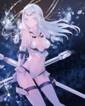  1girl bangs bare_shoulders bikini breasts byuura_(sonofelice) cleavage elbow_gloves fate/grand_order fate_(series) galatea_(fate) gloves halter_top halterneck joints long_hair looking_at_viewer medium_breasts navel pale_skin parted_bangs polearm robot_joints swimsuit thighhighs thighs tiara weapon white_bikini white_eyes white_gloves white_hair white_legwear 