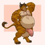  anthro balls belly big_balls big_belly big_penis brown_hair charr felid genitals grynn guild_wars hair hi_res horn lizard_soup male mammal markings multi_ear nipples nude overweight overweight_anthro overweight_male penis simple_background solo standing striped_body stripes video_games yellow_eyes 
