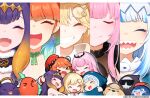  &gt;o&lt; 5girls animal_hood artist_name beret black_headwear blonde_hair bloop_(gawr_gura) blue_hair blue_hoodie blush bubba_(watson_amelia) chef_hat chibi closed_eyes collared_shirt commentary death-sensei_(mori_calliope) detached_collar english_commentary eyebrows_visible_through_hair eyelashes face fang fur-trimmed_collar gawr_gura gear_hair_ornament gradient_hair green_hair green_ribbon grin group_hug hat hololive hololive_english hood hood_up hoodie hug kotori_(takanashi_kiara) long_hair looking_at_viewer mini_hat mori_calliope multicolored_hair multiple_girls multiple_views neck_ribbon necktie ninomae_ina&#039;nis open_mouth orange_hair pink_hair pokey purple_hair red_headwear red_neckwear ribbon see-through shark_hood sharp_teeth shirt short_hair silver_hair skin_fang smile straight_hair streaked_hair symbol_commentary takanashi_kiara tako_(ninomae_ina&#039;nis) teeth tentacle_hair tiara two-tone_hair veil virtual_youtuber watermark watson_amelia white_headwear white_shirt wing_collar 