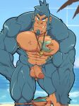  anthro ape balls beach blue_body blue_fur clothing ear_piercing fur genitals gorilla haplorhine hi_res looking_at_viewer male mammal muscular muscular_anthro muscular_male nipple_piercing nipples pecs penis piercing primate sea seaside sky solo tattoo thymilph underwear underwear_down water 