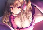  alm bed bra breasts brown_hair cleavage close headphones long_hair microphone original red_eyes twintails underwear 