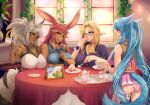  4girls animal_ears aqua_eyes aqua_hair ass bangs blonde_hair breasts bunny_ears cake cat_ears cat_tail choker cleavage cup elezen elf eyebrows_visible_through_hair facial_mark final_fantasy final_fantasy_xiv food glasses grey_hair hair_between_eyes indoors kyattsu large_breasts long_hair looking_at_another miqo&#039;te multicolored_hair multiple_girls one_eye_closed open_mouth photo_(object) pointy_ears purple_eyes purple_shirt red_hair semi-rimless_eyewear shirt short_hair sitting sleeveless standing tail tank_top tattoo teacup teapot twintails two-tone_hair viera whisker_markings yellow_eyes 
