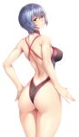 1girl alternate_breast_size ass ayanami_rei bangs bare_arms bare_shoulders black_swimsuit blue_hair blush breasts commentary competition_swimsuit covered_nipples eyebrows_visible_through_hair from_behind halterneck highleg highleg_swimsuit lips looking_at_viewer looking_back medium_breasts neon_genesis_evangelion one-piece_swimsuit parted_lips rebuild_of_evangelion red_eyes shiny shiny_hair shiny_skin short_hair simple_background solo swimsuit thighs white_background zucchini 