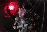  1boy 1girl animal_ears armor bangs black_hair breasts cat_ears circlet commission dark_background dark_knight_(final_fantasy) earrings facial_hair facial_mark final_fantasy final_fantasy_xiv gauntlets green_eyes holding holding_sword holding_weapon jewelry lips medium_breasts medium_hair miqo&#039;te pink_hair second-party_source short_hair sword viet_le_quoc weapon 