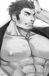  1boy abs bara bare_pecs chest_hair facial_hair hand_on_own_head harada_(basashi) houzouin_oniwaka large_pectorals long_sideburns looking_at_viewer male_focus mature_male muscular muscular_male navel nipples open_clothes open_shirt portrait scar_on_forehead short_hair sideburns sketch solo stomach stubble sweatdrop thick_eyebrows tokyo_houkago_summoners upper_body 