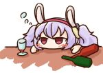  1girl aka_shiba animal_ears azur_lane blush bottle bunny_ears commentary_request drunk face fake_animal_ears glass_bottle hairband head_on_table laffey_(azur_lane) long_hair looking_ahead lowres no_mouth no_nose purple_hair red_eyes solo twintails 