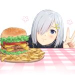  1girl alternate_costume black_sweater blue_eyes commentary food french_fries hair_ornament hair_over_one_eye hairclip hamakaze_(kancolle) hamatsu! hamburger kantai_collection looking_at_viewer short_hair silver_hair simple_background smile solo sweater table upper_body v white_background 