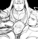  4boys bara bead_necklace beads boy_sandwich character_request chest_hair facial_hair frown furry halo harada_(basashi) hood hood_up hooded_jacket houzouin_oniwaka jacket jewelry large_pectorals long_sideburns male_cleavage male_focus master_4_(tokyo_houkago_summoners) mature_male multiple_boys muscular muscular_male necklace ninja sandwiched scar_on_forehead short_hair sideburns size_difference sketch stubble thick_eyebrows tokyo_houkago_summoners wolf_boy zabaniya_(tokyo_houkago_summoners) 
