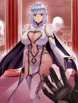  1girl black_gloves breasts cape center_opening cleavage detached_sleeves elf gloves highres indoors large_breasts looking_at_viewer navel no_panties original pelvic_curtain pointy_ears red_eyes solo suuitchi thighhighs white_cape white_legwear wide_sleeves 