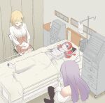  3girls absurdres bandages bed blonde_hair book broken_arm broken_leg cast closed_eyes ghett0taku highres hololive hololive_english hololive_indonesia hospital hospital_bed intravenous_drip kureiji_ollie long_hair moona_hoshinova multiple_girls phone phone_screen privacy_screen red_hair shirt usada_pekora virtual_youtuber watson_amelia white_shirt yellow_eyes 