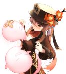 1girl absurdres arescr bangs black_coat black_headwear blush breasts brown_hair cleavage coat coattails flower genshin_impact ghost hat hat_flower highres hu_tao long_hair long_sleeves medium_breasts open_mouth plum_blossoms red_eyes symbol-shaped_pupils twintails very_long_hair white_background 