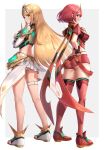  bangs bare_legs bare_shoulders black_gloves blonde_hair breasts chest_jewel cleavage_cutout clothing_cutout dress earrings elbow_gloves fingerless_gloves gloves gonzarez highres jewelry large_breasts long_hair mythra_(xenoblade) pyra_(xenoblade) red_eyes red_hair red_legwear red_shorts short_dress short_hair short_shorts shorts swept_bangs thigh_strap thighhighs tiara very_long_hair white_dress white_footwear white_gloves xenoblade_chronicles_(series) xenoblade_chronicles_2 yellow_eyes 