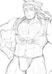  1boy abs alternate_costume arm_hair bara bare_shoulders blush bulge chest_hair cowboy_shot facial_hair fundoshi hachimaki hairy happi harada_(basashi) headband holding holding_stuffed_toy houzouin_oniwaka japanese_clothes large_pectorals leg_hair long_sideburns looking_at_viewer male_cleavage male_focus mature_male muscular muscular_male navel navel_hair no_pants scar_on_forehead short_hair sideburns sleeves_rolled_up solo stomach stubble stuffed_animal stuffed_toy sweatdrop teddy_bear thick_eyebrows thick_thighs thighs tokyo_houkago_summoners 