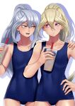  2girls absurdres blonde_hair breasts cup drink drinking_straw eyebrows_visible_through_hair gloria_tyler grace_tyler green_eyes hair_between_eyes hand_on_another&#039;s_shoulder hand_on_hip highres holding holding_drink long_hair multiple_girls muto_dt purple_eyes school_swimsuit shadow siblings silver_hair simple_background sisters small_breasts swimsuit twins white_background yu-gi-oh! yu-gi-oh!_arc-v 