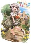  1girl :d adjusting_eyewear anniversary bike_shorts black_legwear black_shorts blush boots commentary_request eyebrows_visible_through_hair frilled_skirt frills glasses green_footwear grey_hair grey_shirt grey_skirt hat_around_neck helmet high-waist_skirt highres kemono_friends kemono_friends_3 lain meerkat_(kemono_friends) meerkat_ears meerkat_tail official_alternate_costume open_mouth pith_helmet pointer shirt short_hair shorts shorts_under_skirt skirt smile socks solo two-tone_shirt uniform white_shirt 