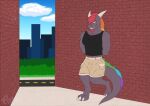  alley anthro bottomwear clothed clothing demon digital_media_(artwork) dragon grin hair hands_behind_back hi_res kunaiartz loki_rel_zephyr looking_at_viewer male muscular muscular_anthro muscular_male outside scalie shorts smile smirk solo teeth topwear 