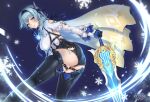  1girl absurdres ass breasts cape eula_(genshin_impact) genshin_impact gloves hair_ornament half-closed_eyes highres holding holding_sword holding_weapon legs long_sleeves ryuuneart solo sword thighhighs thighs weapon yellow_eyes 