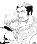  2boys bara bead_necklace beads blush chest_hair couple facial_hair grabbing groping harada_(basashi) houzouin_oniwaka jacket jewelry large_pectorals long_sideburns male_cleavage male_focus master_4_(tokyo_houkago_summoners) mature_male multiple_boys muscular muscular_male necklace open_clothes open_jacket pectoral_grab scar_on_forehead short_hair sideburns stubble sweatdrop thick_eyebrows tokyo_houkago_summoners upper_body yaoi 