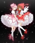  2girls antenna_hair black_legwear blouse bubble_skirt cardcaptor_sakura choker commentary_request crossover dress frilled_dress frills full_body fuuin_no_tsue gloves green_eyes hakusai_(tiahszld) hat highres kaname_madoka kinomoto_sakura kneehighs magical_girl mahou_shoujo_madoka_magica mob_cap multiple_girls pink_eyes pink_hair red_dress red_footwear red_headwear short_hair short_sleeves short_twintails skirt thighhighs twintails wand white_blouse white_dress white_gloves white_legwear 