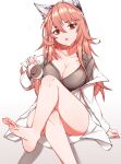  1girl absurdres animal_ears bare_shoulders barefoot breasts brown_shirt choumi_wuti_(xueye_fanmang_zhong) circle coat coffee_cup crossed_legs cup disposable_cup girls_frontline highres implied_footjob large_breasts long_hair looking_at_viewer no_panties open_mouth persica_(girls_frontline) pink_hair red_eyes robot_ears shirt soles solo thighs toes undressing white_coat 