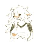  anthro blush bodily_fluids breasts cervid clothing female fluffy fluffy_hair hair long_hair looking_away mammal minimal_color nipple_slip nipples one_eye_visible shirt shy simple_background solo sweat sweatdrop t-shirt thorn_paw topwear under_boob 