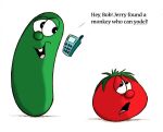  black_eyes bob_the_tomato bright_pupils commentary cucumber english_commentary english_text half-closed_eyes jpeg_artifacts kellieayana keypad larry_the_cucumber looking_at_another open_mouth phone rolling_eyes talking tomato tongue tooth veggietales 