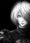  1girl android black_background black_dress blue_eyes cleavage_cutout clothing_cutout dress face greyscale hair_between_eyes hair_over_one_eye lips looking_at_viewer mole mole_under_mouth monochrome nier_(series) nier_automata portrait re_(re_09) robot short_hair silver_hair solo yorha_no._2_type_b 