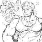  2boys ? bara bare_shoulders blush broken_horn chest_hair facial_hair fang flying_sweatdrops greyscale harada_(basashi) horns large_pectorals long_sideburns male_cleavage male_focus master_1_(tokyo_houkago_summoners) mature_male monochrome multiple_boys muscular muscular_male oni_horns pulled_by_another red_oni_(tokyo_houkago_summoners) scar scar_on_chest shirt_pull short_hair sideburns size_difference sketch spoken_question_mark stubble thick_eyebrows tied_hair tokyo_houkago_summoners upper_body yaoi 