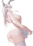  1girl animal_ears apron arknights ass blush breasts bunny_ears bunny_girl frostnova_(arknights) grey_eyes grey_hair large_breasts long_hair looking_at_viewer naked_apron sideboob solo thighhighs thong white_apron white_background xion32 