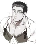  1boy apron bara blush cropped_torso flying_sweatdrops glasses harada_(basashi) large_pectorals looking_to_the_side male_cleavage male_focus muscular muscular_male pov shiro_(tokyo_houkago_summoners) shirt shirt_pull short_hair sideburns smile solo_focus tokyo_houkago_summoners upper_body 
