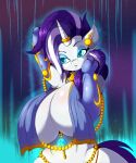  2021 anthro big_breasts breasts digital_media_(artwork) equid equine eyebrows eyelashes eyeshadow female friendship_is_magic gold_(metal) hasbro hi_res horn huge_breasts makeup mammal my_little_pony rarity_(mlp) signature solo suirano unicorn 