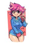 1girl adjusting_clothes blush embarrassed gerph gloves highres image_sample kumatora mother_(game) mother_3 pink_gloves pink_hair replaceme short_hair solo standing thighs twitter_sample 