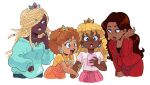  4girls alternate_skin_color blonde_hair blue_eyes bracelet cellphone crown curly_hair dark_skin dark_skinned_female dress earrings green_eyes hairlocs holding holding_phone jewelry kiana_mai lipstick long_hair makeup mario_(series) multiple_girls necklace nintendo one_eye_covered orange_hair overalls pauline_(mario) phone princess_daisy princess_peach red_suit rosalina shirt super_mario_bros. yellow_nails 