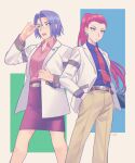  1boy 1girl bangs blue_eyes buttons collared_shirt commentary_request crossdressing earrings eyelashes glasses green_eyes hand_in_pocket highres jacket james_(pokemon) jessie_(pokemon) jewelry lipstick long_hair long_sleeves makeup necktie open_clothes open_jacket pants parted_lips pink_shirt pokemon pokemon_(anime) purple_hair purple_shirt purple_skirt ruru_(gi_xxy) shirt skirt tablet_pc team_rocket white_jacket 