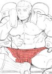  1boy abs bara boxers bulge dolphin_shorts facial_hair gunzo_(tokyo_houkago_summoners) harada_(basashi) large_pectorals looking_to_the_side male_focus male_underwear mature_male muscular muscular_male navel nipples print_male_underwear red_male_underwear scar scar_on_cheek scar_on_face short_hair shorts sideburns sitting socks solo spiked_hair spirit spot_color stomach stubble thick_eyebrows thighs tokyo_houkago_summoners underwear underwear_only wiping_face 