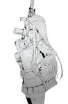  1girl absurdres assault_rifle bag bangs beret blunt_bangs breasts dickbomber facial_mark from_side girls_frontline gloves green_eyes greyscale gun h&amp;k_hk416 hair_ornament hand_on_hip hat highres hk416_(girls_frontline) holding holding_gun holding_weapon jacket large_breasts long_hair monochrome parted_lips pleated_skirt profile rifle sidelocks simple_background skirt solo spot_color teardrop thighhighs weapon 