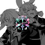  1boy 1girl animal_ears ansel_(arknights) arknights back-to-back bangs black_jacket bow bright_pupils bunny_ears closed_eyes commentary_request gloves grey_bow grey_eyes grey_gloves grey_neckwear hair_bow hair_ornament highres jacket kroos_(arknights) long_hair looking_to_the_side monochrome multiple_hair_bows necktie open_clothes open_jacket open_mouth osushi_kome short_hair short_twintails sidelocks simple_background smile spot_color surprised twintails upper_body white_background white_pupils 