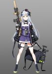  1girl absurdres assault_rifle bag bangs black_jacket boots breasts dickbomber dress german_flag girls_frontline gloves green_eyes grey_background gun h&amp;k_hk416 hair_ornament hair_ribbon hat headgear highres hk416_(girls_frontline) holding holding_bag holding_gun holding_weapon iron_cross jacket long_hair long_sleeves mod3_(girls_frontline) name_tag open_clothes open_jacket parted_lips pouch ribbon rifle sidelocks silver_hair simple_background solo standing thigh_strap weapon 