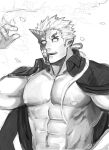  1boy abs bara bare_pecs gakuran half_mask harada_(basashi) horns jacket jacket_on_shoulders male_focus monster_boy muscular muscular_male navel nipples no_pupils pectorals petals ponytail school_uniform shuten_douji_(tokyo_houkago_summoners) sideburns single_horn smile solo stomach tokyo_houkago_summoners upper_body white_hair 