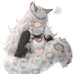  1girl animal_ear_fluff animal_ears arknights bangs black_cape blush cape circlet closed_eyes eyebrows_visible_through_hair highres io_(io_oekaki) jewelry large_tail leopard_ears leopard_girl leopard_tail long_sleeves necklace open_mouth pramanix_(arknights) simple_background solo squiggle tail tail_brushing turtleneck upper_body white_background 