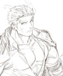  1boy alternate_pectoral_size bara fiery_hair forked_eyebrows harada_(basashi) jacket jacket_on_shoulders large_pectorals looking_at_viewer male_cleavage male_focus mature_male muscular muscular_male partially_unbuttoned short_hair sideburns sketch solo toji_(tokyo_houkago_summoners) tokyo_houkago_summoners 