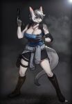  absurd_res anthro big_breasts boots breasts capcom cleavage clothed clothing dragon eyewear female footwear glasses gun handgun hi_res jill_valentine pgm300 pistol ranged_weapon resident_evil round_glasses signature smoke solo straps thigh_strap video_games weapon 