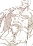  1boy abs alternate_costume bara bare_pecs blush boxer_briefs bulge chest_hair fangs feet_out_of_frame frown hairy harada_(basashi) large_pectorals leg_hair long_sideburns looking_at_viewer male_focus male_underwear mature_male muscular muscular_male navel navel_hair nipples open_clothes open_shirt pants pants_removed short_hair sideburns solo standing stomach sweatdrop tajikarao_(tokyo_houkago_summoners) thick_thighs thighs tokyo_houkago_summoners underwear undressing 
