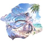  1girl alpha_transparency ass beach bikini blue_hair breasts cloud day draph flower granblue_fantasy hair_between_eyes hair_ornament high_heels horns izmir large_breasts leaves_in_wind long_hair looking_at_viewer looking_back minaba_hideo ocean official_art open_mouth outdoors pointy_ears ponytail red_eyes sand sideboob silver_bikini sitting sky smile snowflake_hair_ornament solo swimsuit transparent_background very_long_hair white_flower 