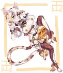  1girl adapted_costume animal_ear_fluff animal_ears ankle_bow artist_name background_text bell black_bow blush bow breastless_clothes breasts brown_eyes brown_legwear brown_nails cat_ears cat_girl cat_tail dark_nipples frilled_legwear frills gold goutokuji_mike highres jingle_bell koban_(gold) looking_at_viewer medium_breasts multicolored_hair nail_polish navel neck_bell nipples one-hour_drawing_challenge orange_bow patches paw_pose polka_dot polka_dot_legwear ribbon short_hair slit_pupils smile solo stirrup_legwear tail thighhighs toeless_legwear toenail_polish touhou two-tone_background unmoving_pattern wristband yuuren_kyouko 