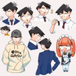  1boy absurdres baseball_cap black_eyes black_hair blush crossdressing degraded_ice food hat highres hood hoodie jacket komi-san_wa_komyushou_desu maid necktie omelet orange_hair school_uniform shirt solo tadano_hitohito twintails white_shirt wing_collar yellow_shirt 