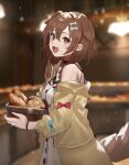  1girl :3 animal_ears bakery basket blurry blurry_background bone bone_hair_ornament bread breasts brown_tail dog_ears dog_girl dog_tail dress fang food hair_ornament hololive inugami_korone jacket medium_breasts open_mouth pamdaudonn0331 shop tail teeth white_dress yellow_jacket 