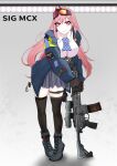  1girl bangs belt black_legwear blue_jacket blue_skirt boots brown_gloves closed_mouth eyebrows_visible_through_hair eyewear_on_head girls_frontline gloves grey_footwear gun highres holding holding_weapon jacket long_hair looking_at_viewer loveya1224 mole mole_under_eye open_clothes open_jacket pink_hair police police_uniform purple_eyes rifle shirt sig_mcx_(girls_frontline) sig_sauer simple_background skirt solo standing thighhighs uniform weapon white_shirt 
